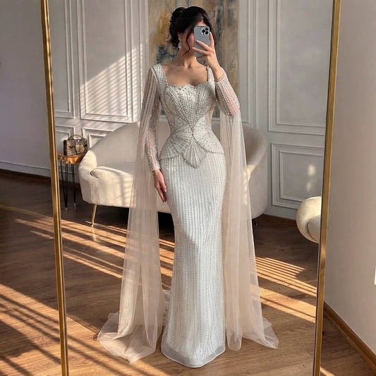 Luxury Beige Crystal Beaded Mermaid Gown with Split Cape Sleeves LA73333B