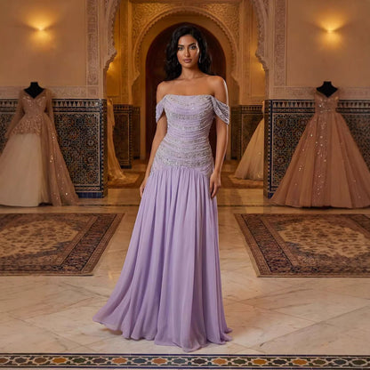 Luxury Evening Dress Yellow Off Shoulder Beaded A-Line Gown LA73350