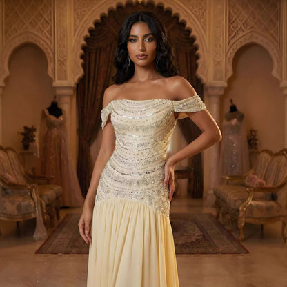 Luxury Evening Dress Yellow Off Shoulder Beaded A-Line Gown LA73350