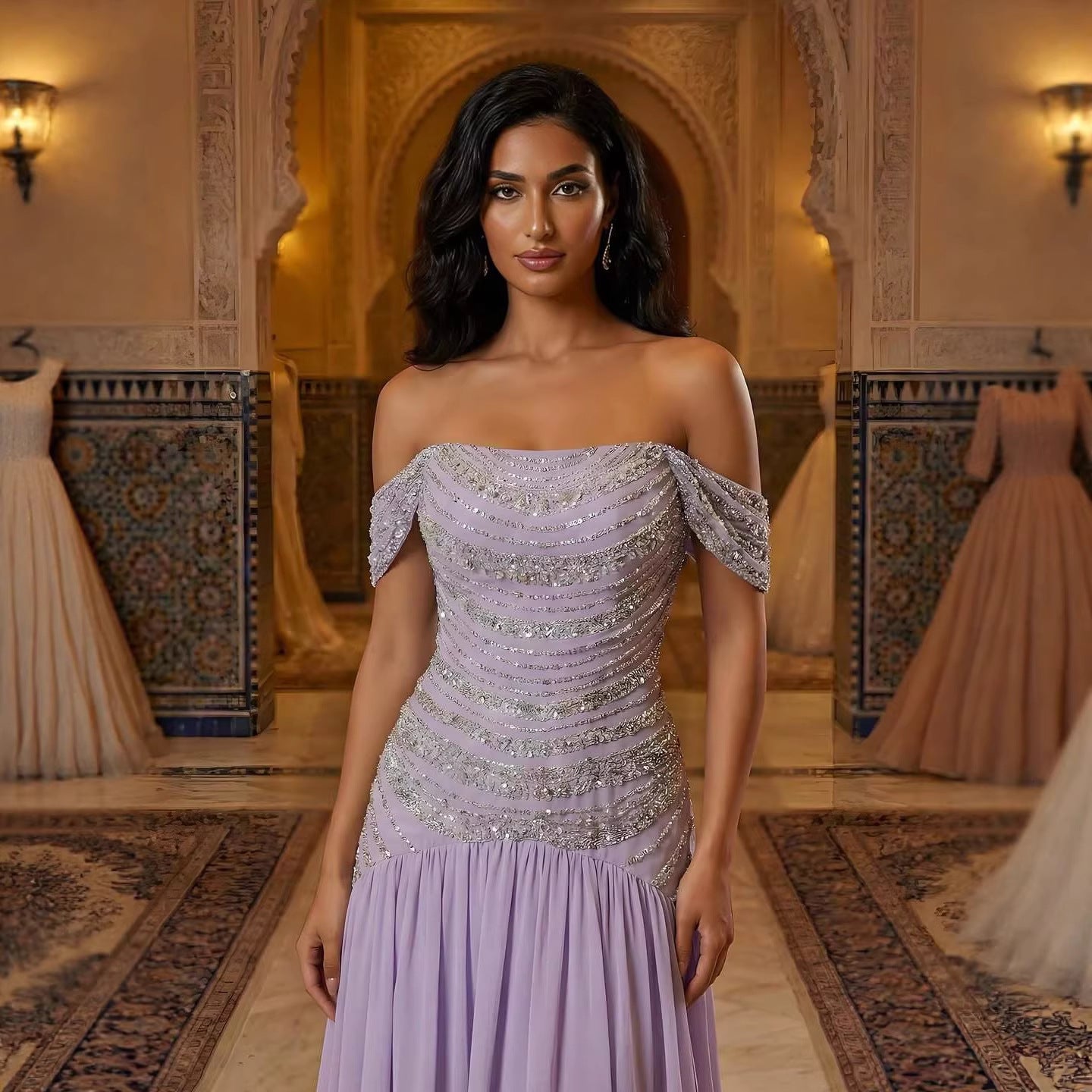 Luxury Evening Dress Yellow Off Shoulder Beaded A-Line Gown LA73350