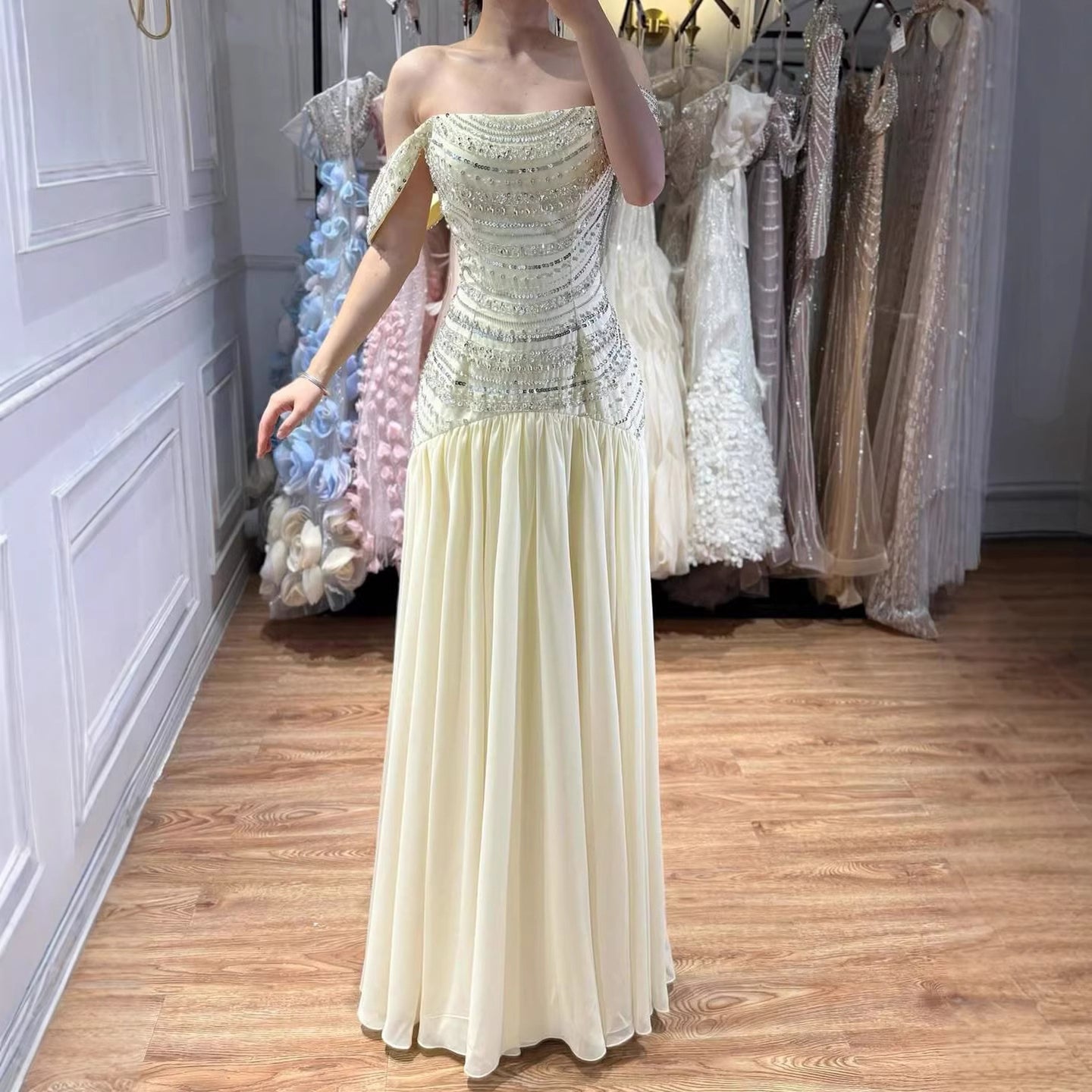 Luxury Evening Dress Yellow Off Shoulder Beaded A-Line Gown LA73350