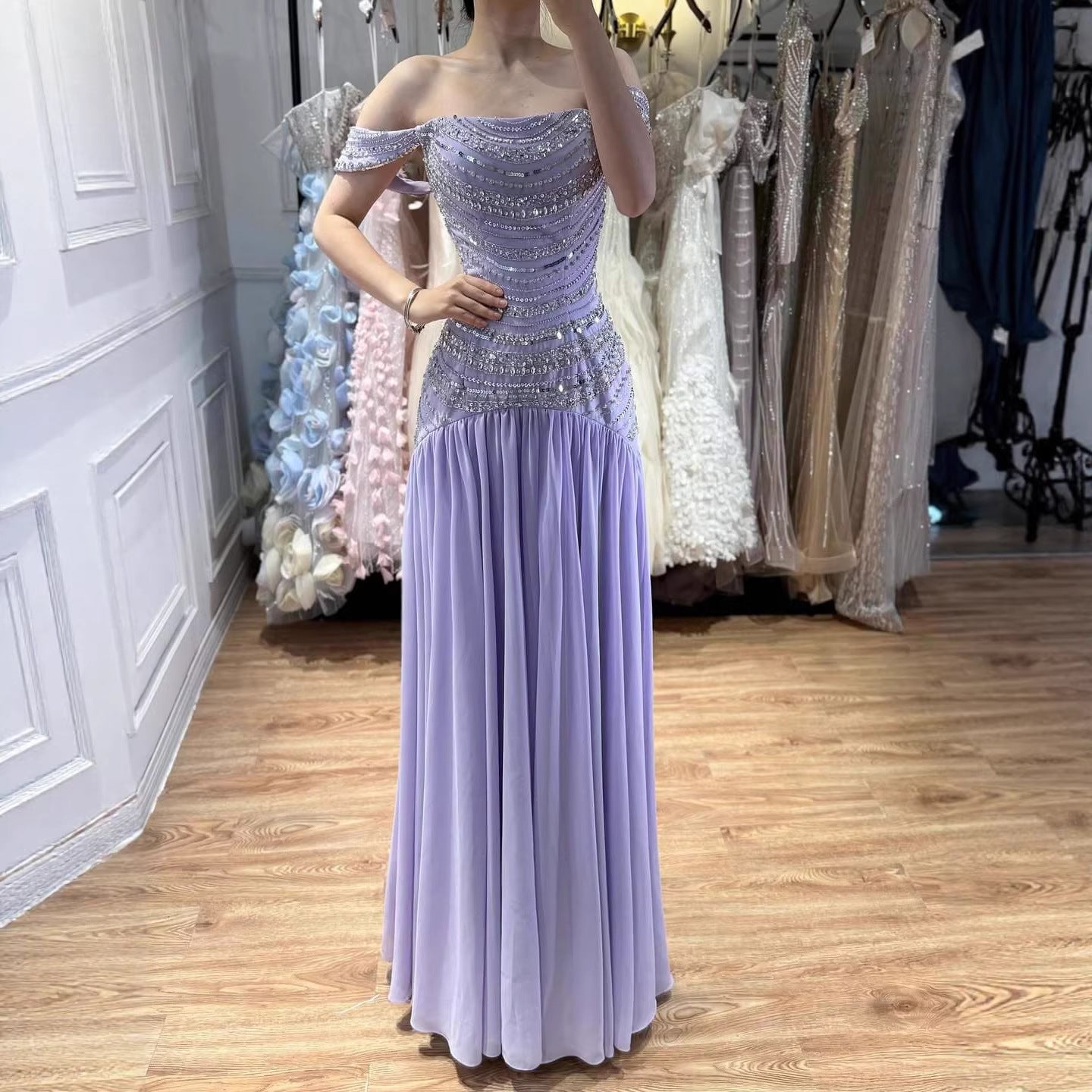 Luxury Evening Dress Yellow Off Shoulder Beaded A-Line Gown LA73350