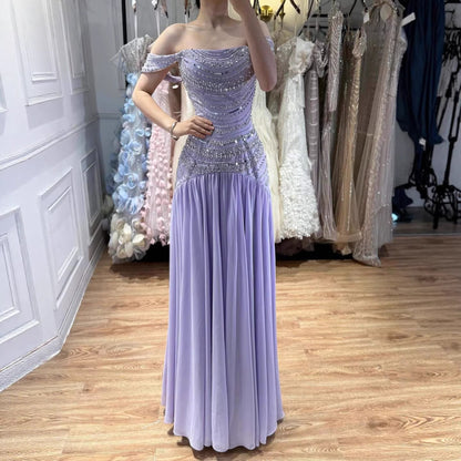 Luxury Evening Dress Yellow Off Shoulder Beaded A-Line Gown LA73350