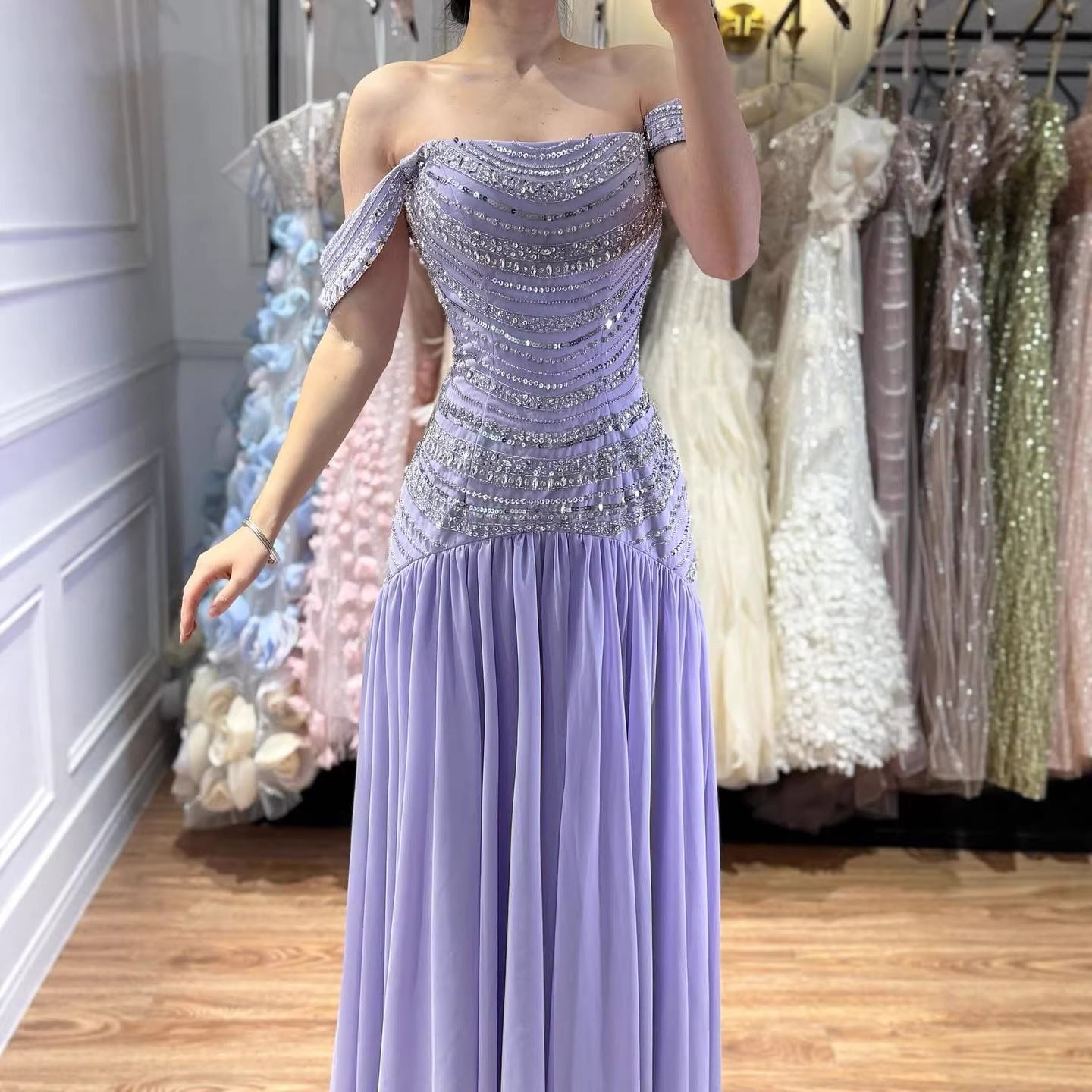 Luxury Evening Dress Yellow Off Shoulder Beaded A-Line Gown LA73350