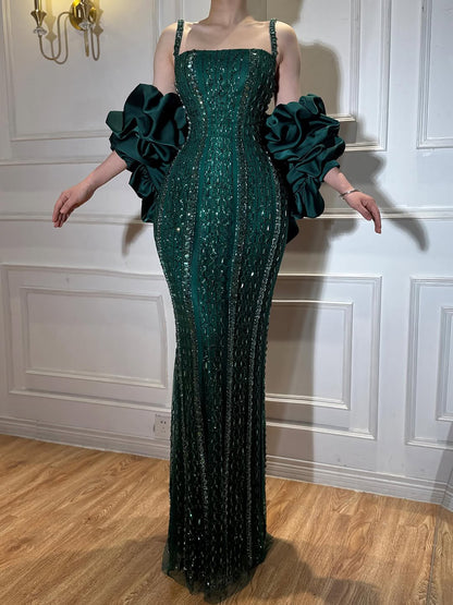 Luxury Kosovo Green Square Beaded Evening Dress with Cape LA73355