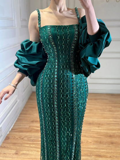 Luxury Kosovo Green Square Beaded Evening Dress with Cape LA73355