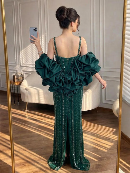 Luxury Kosovo Green Square Beaded Evening Dress with Cape LA73355