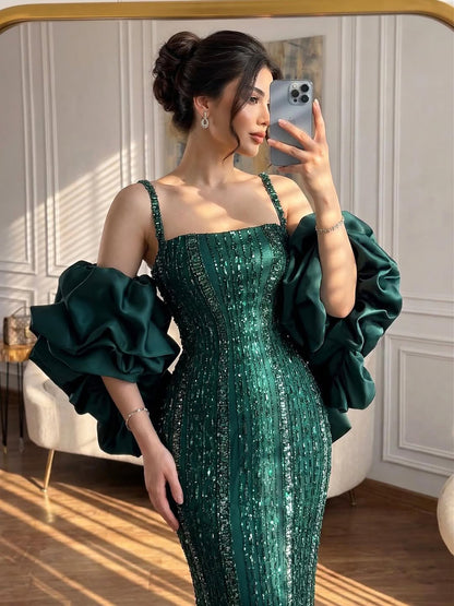Luxury Kosovo Green Square Beaded Evening Dress with Cape LA73355