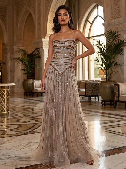 Luxury Caramel Beaded Arabic A-Line Corset Evening Dress LA73359