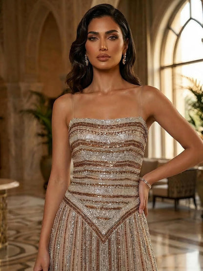 Luxury Caramel Beaded Arabic A-Line Corset Evening Dress LA73359