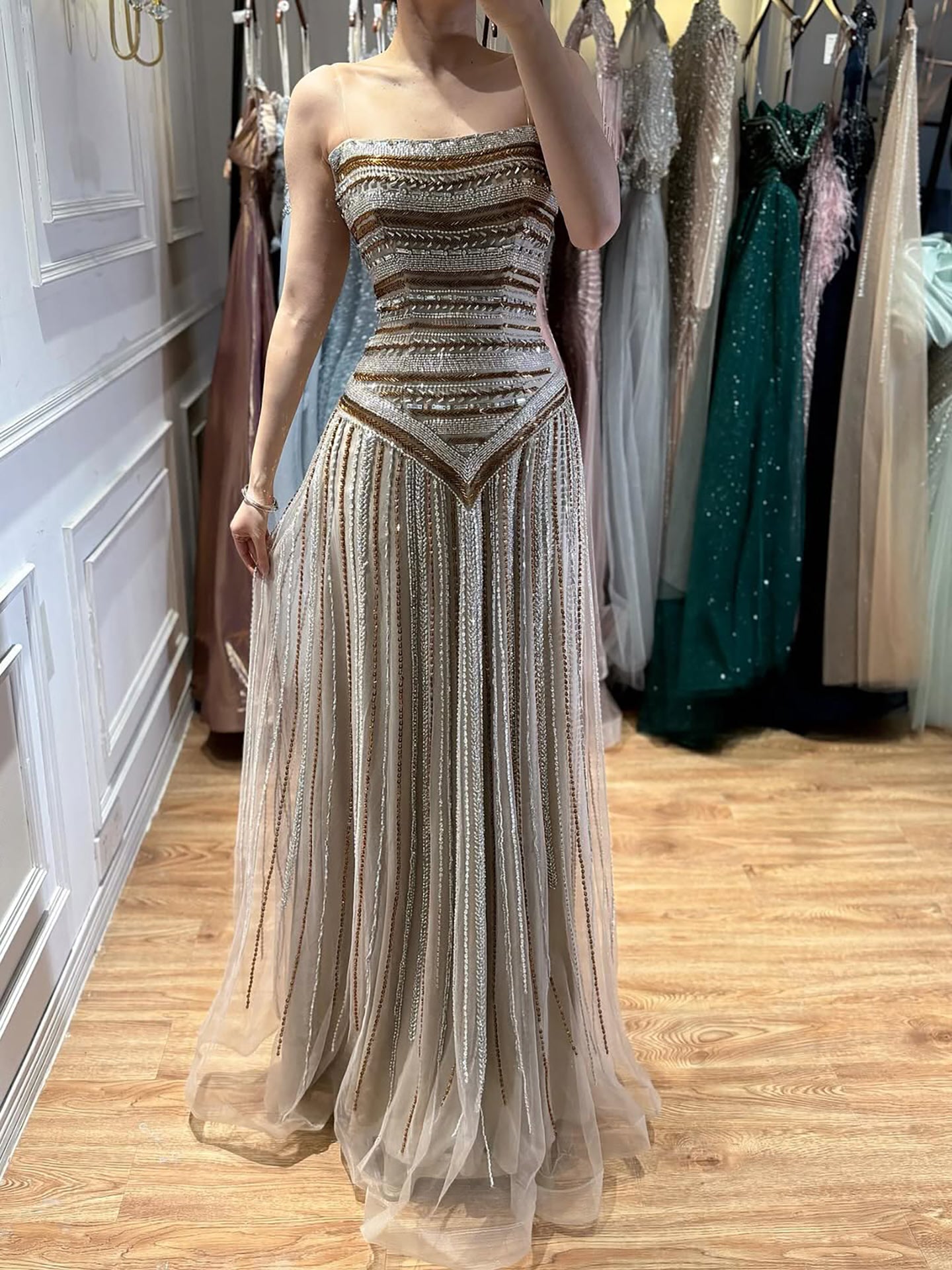 Luxury Caramel Beaded Arabic A-Line Corset Evening Dress LA73359