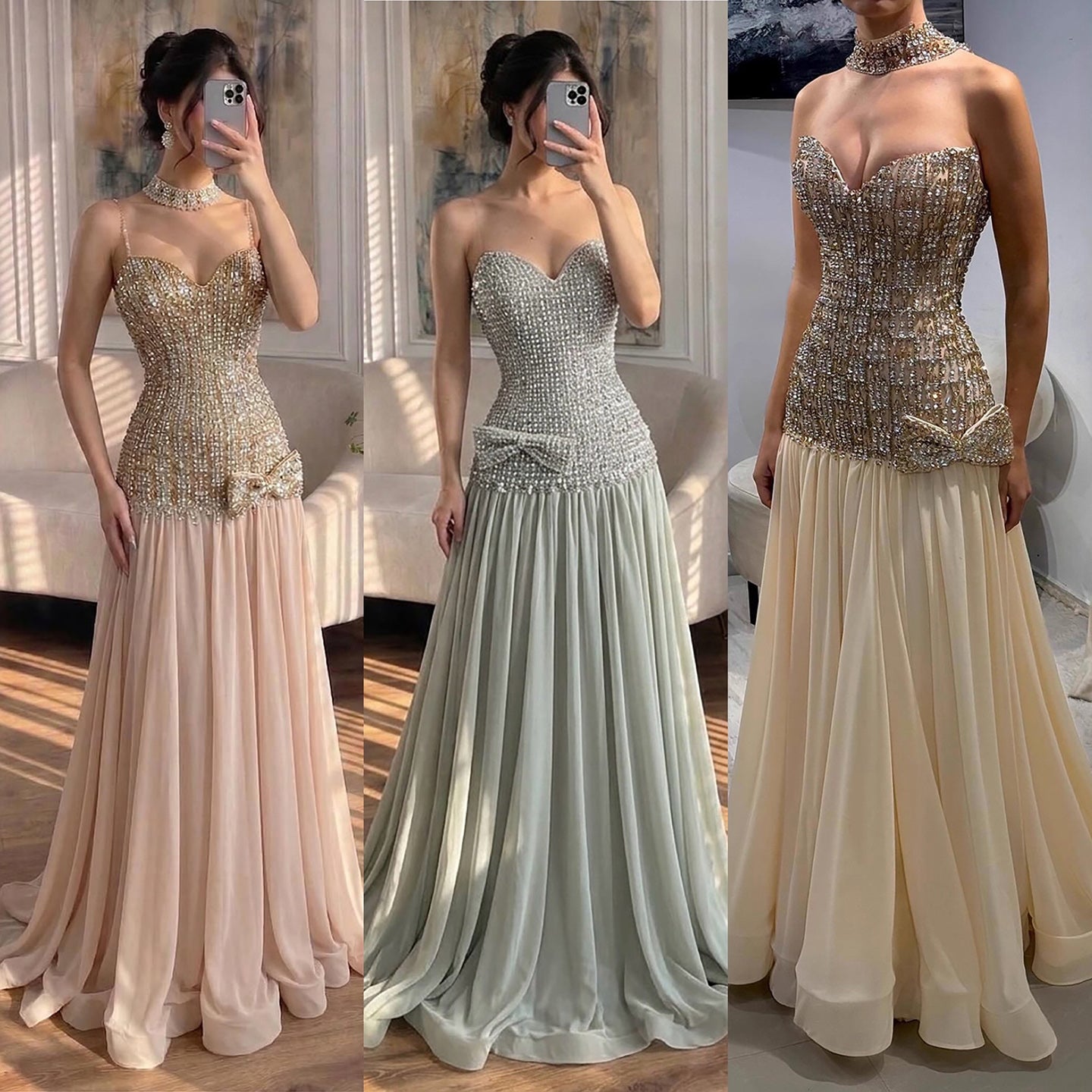 Luxury Champagne A-Line Crystal Beaded Evening Dress LA73361