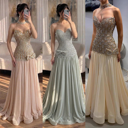 Luxury Champagne A-Line Crystal Beaded Evening Dress LA73361