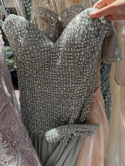 Luxury Champagne A-Line Crystal Beaded Evening Dress LA73361