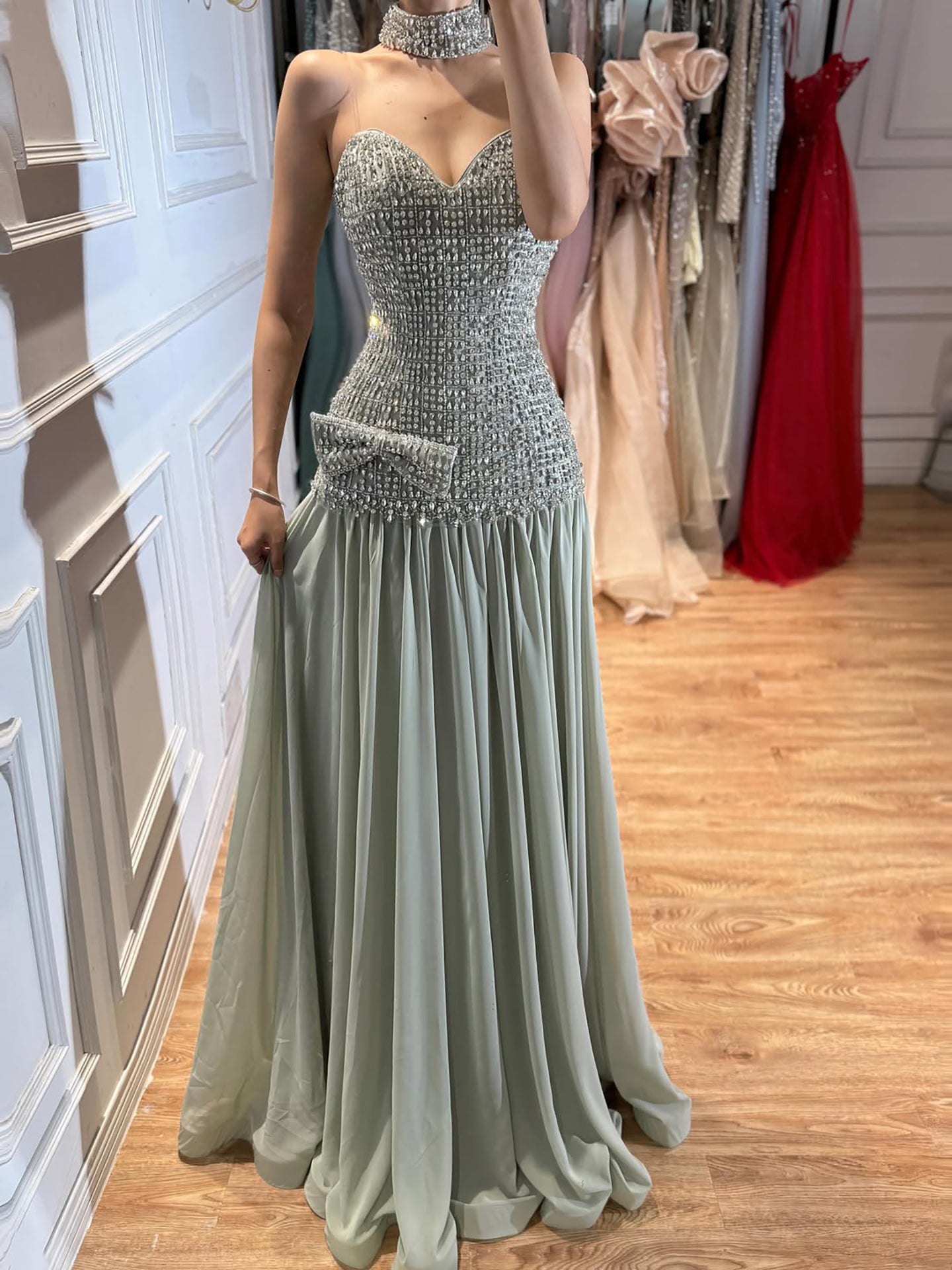 Luxury Champagne A-Line Crystal Beaded Evening Dress LA73361