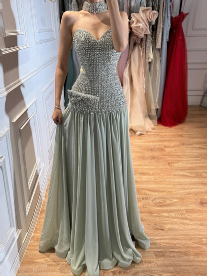Luxury Champagne A-Line Crystal Beaded Evening Dress LA73361