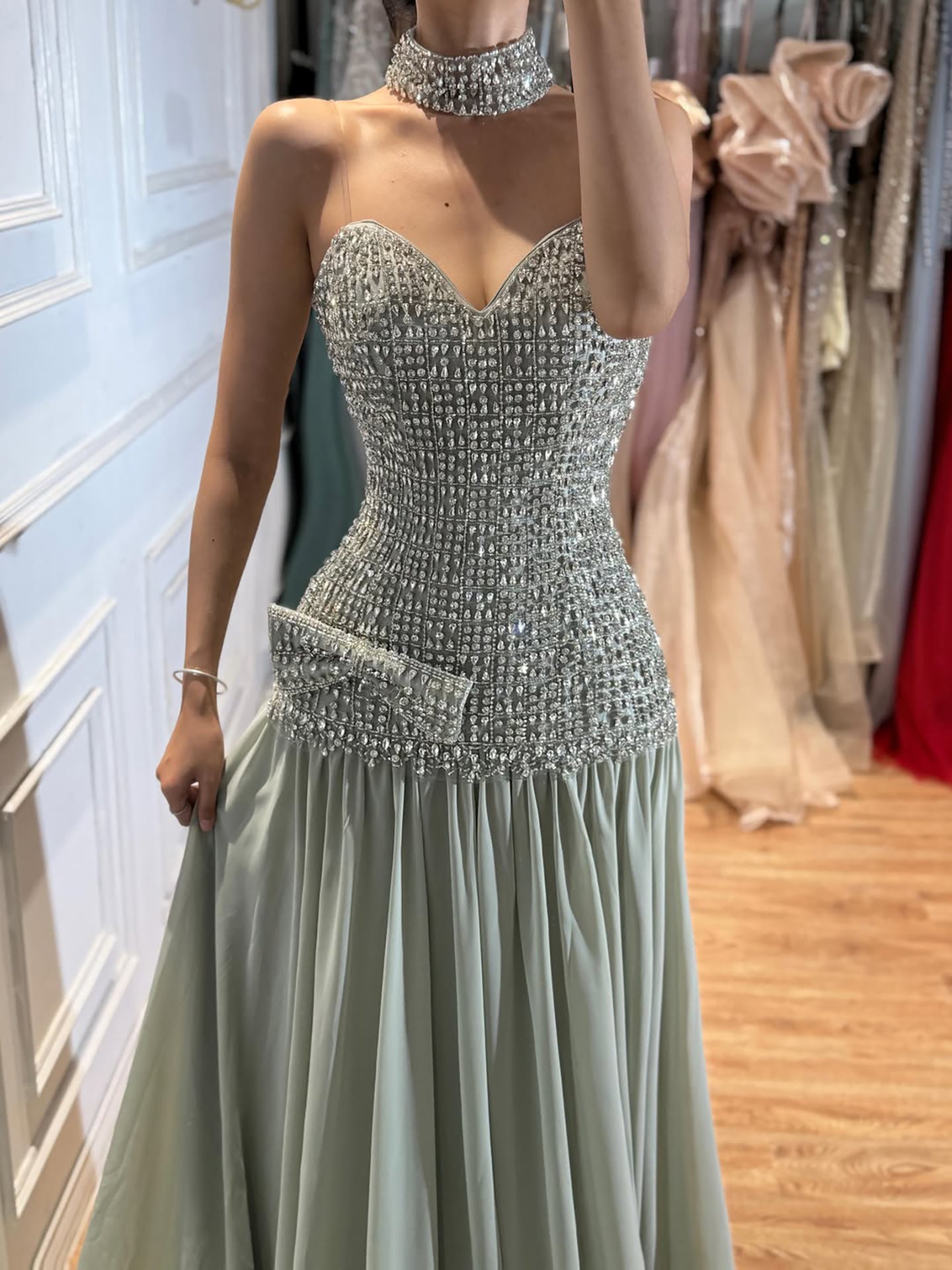 Luxury Champagne A-Line Crystal Beaded Evening Dress LA73361