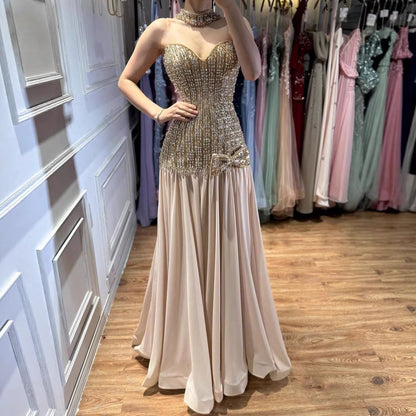 Luxury Champagne A-Line Crystal Beaded Evening Dress LA73361