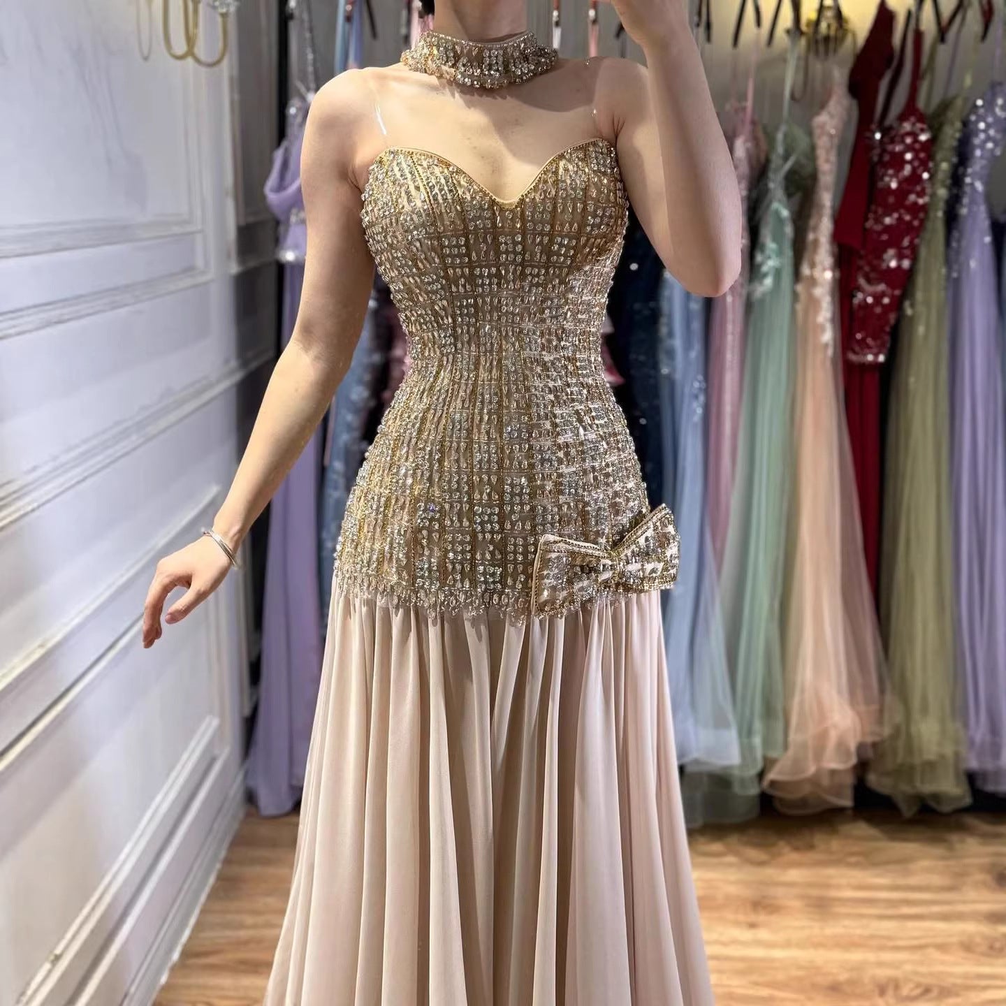Luxury Champagne A-Line Crystal Beaded Evening Dress LA73361