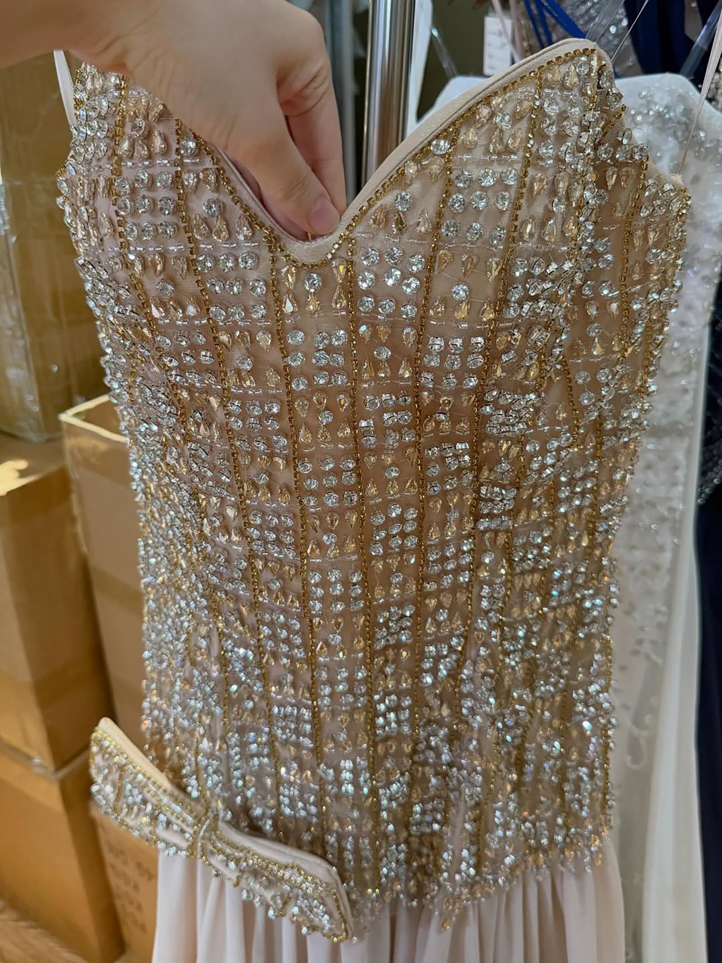 Luxury Champagne A-Line Crystal Beaded Evening Dress LA73361