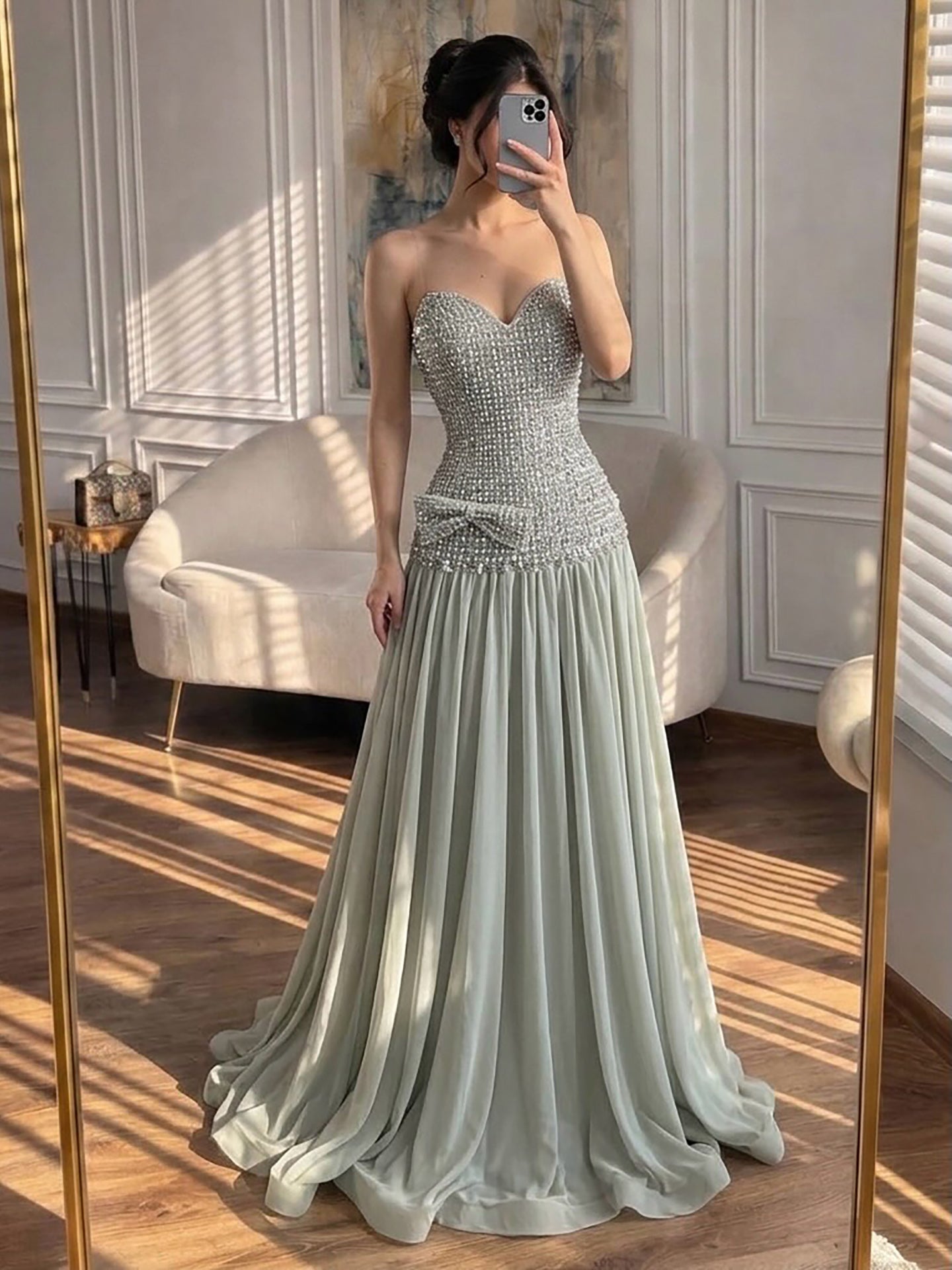 Luxury Champagne A-Line Crystal Beaded Evening Dress LA73361