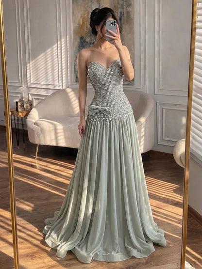 Luxury Champagne A-Line Crystal Beaded Evening Dress LA73361