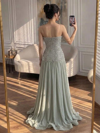 Luxury Champagne A-Line Crystal Beaded Evening Dress LA73361