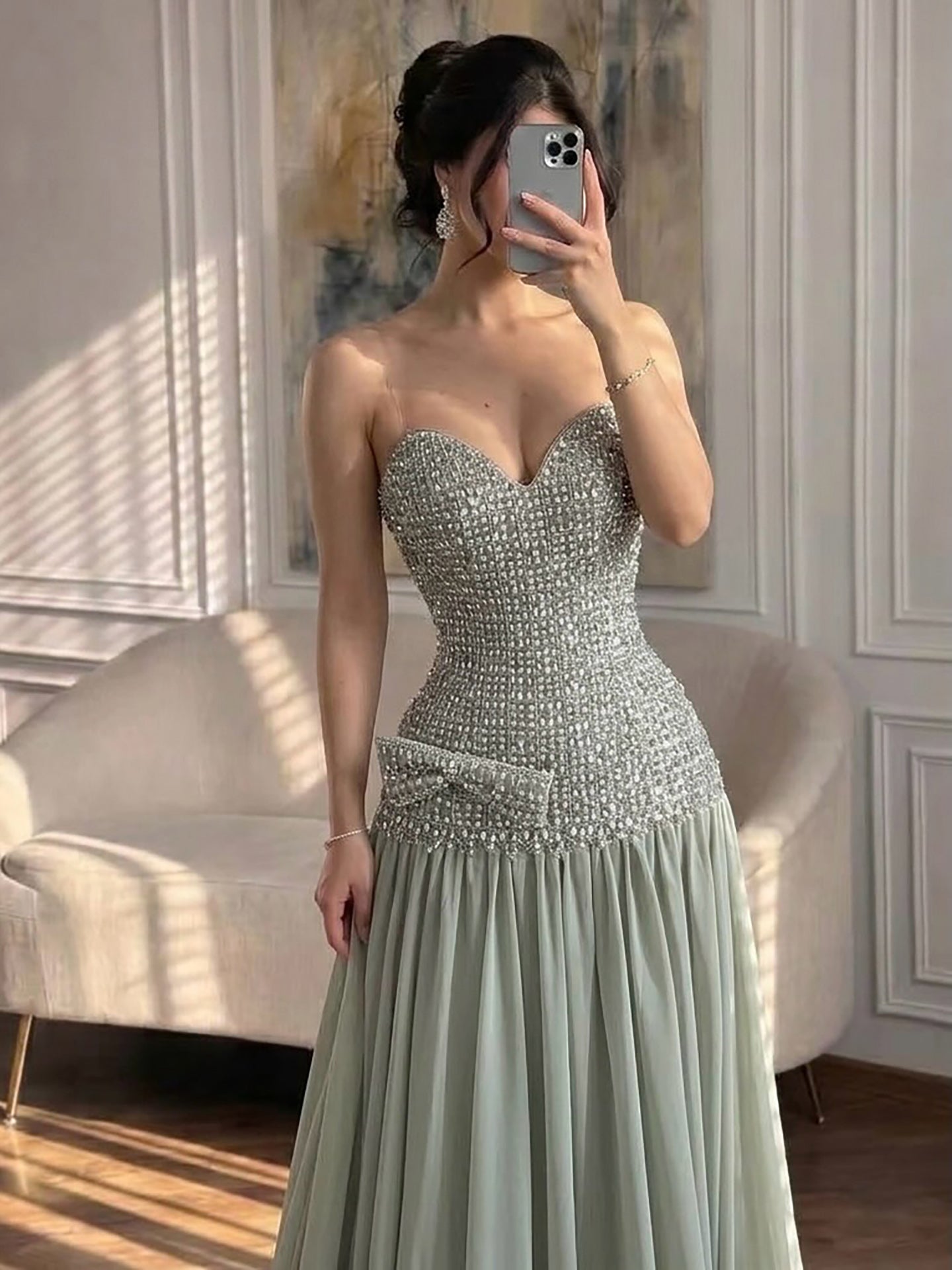 Luxury Champagne A-Line Crystal Beaded Evening Dress LA73361
