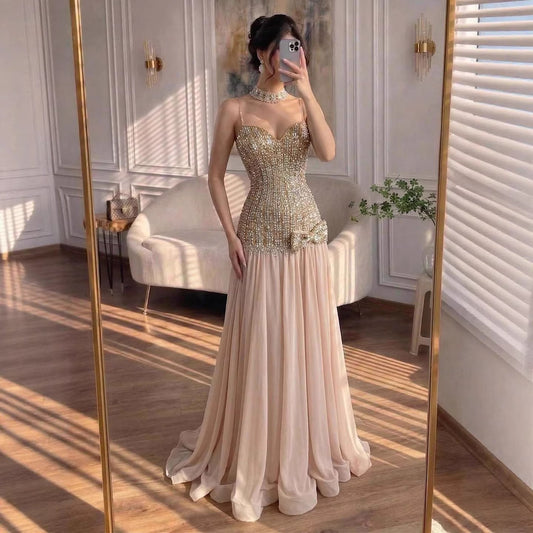 Luxury Champagne A-Line Crystal Beaded Evening Dress LA73361