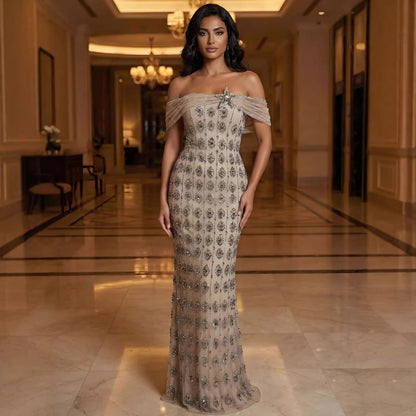 Luxury Gold Arabic Ruffles Evening Dress LA73362