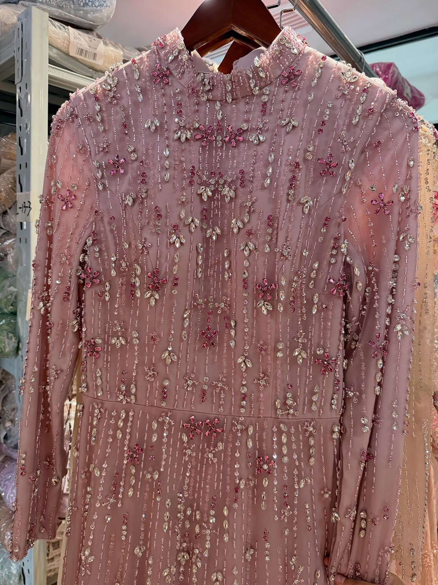 Luxury Pink Beaded Long Sleeve High Neck A Line Evening Dress LA73363