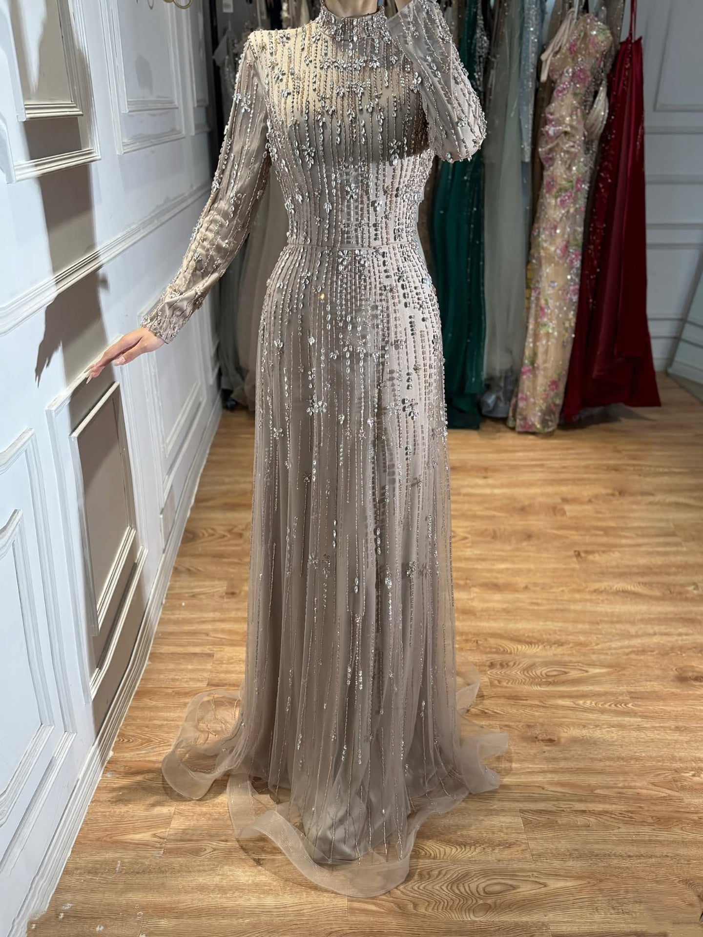 Luxury Pink Beaded Long Sleeve High Neck A Line Evening Dress LA73363
