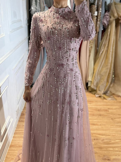 Luxury Pink Beaded Long Sleeve High Neck A Line Evening Dress LA73363