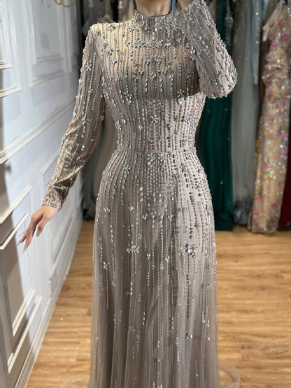 Luxury Pink Beaded Long Sleeve High Neck A Line Evening Dress LA73363