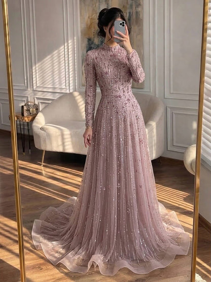 Luxury Pink Beaded Long Sleeve High Neck A Line Evening Dress LA73363