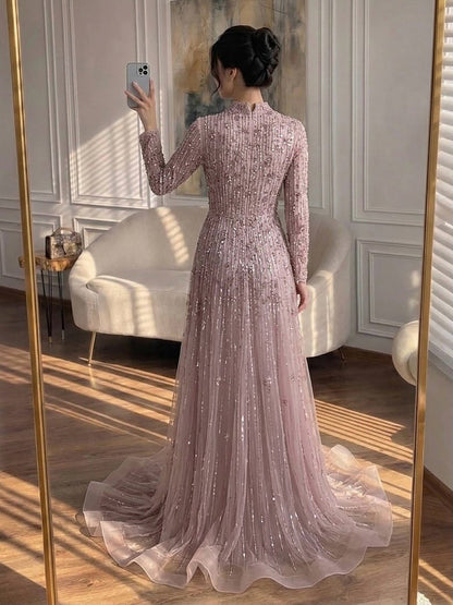 Luxury Pink Beaded Long Sleeve High Neck A Line Evening Dress LA73363