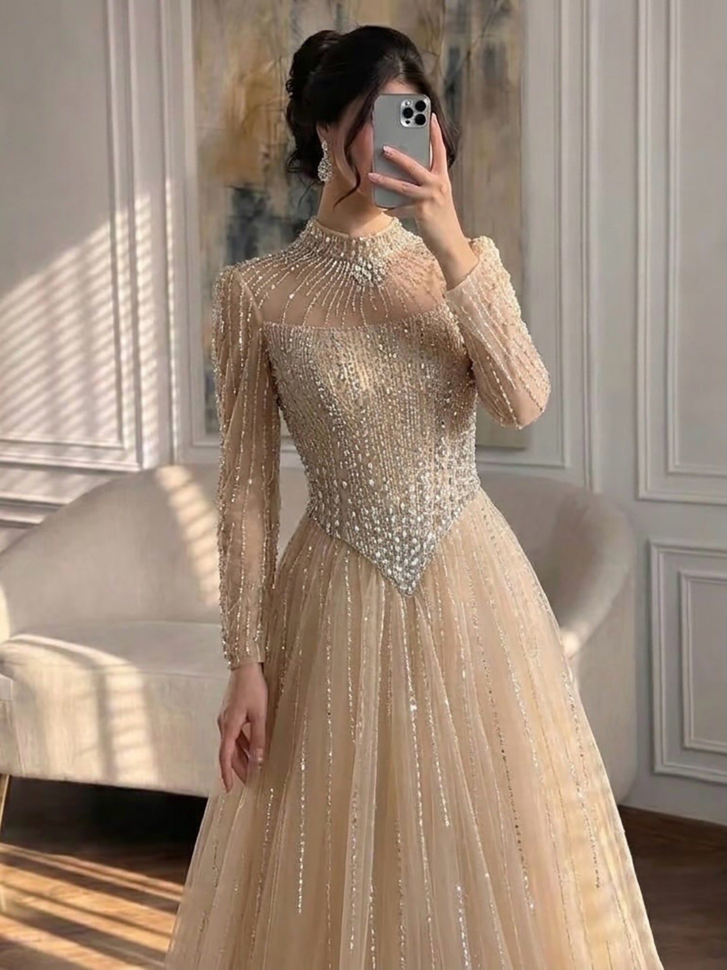 Luxury Nude Crystal Beaded A Line Evening Dress LA73753