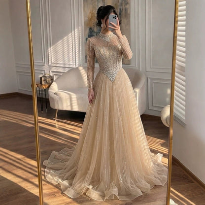 Luxury Nude Crystal Beaded A Line Evening Dress LA73753