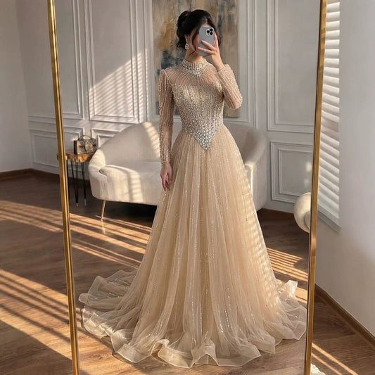 Luxury Nude Crystal Beaded A Line Evening Dress LA73753