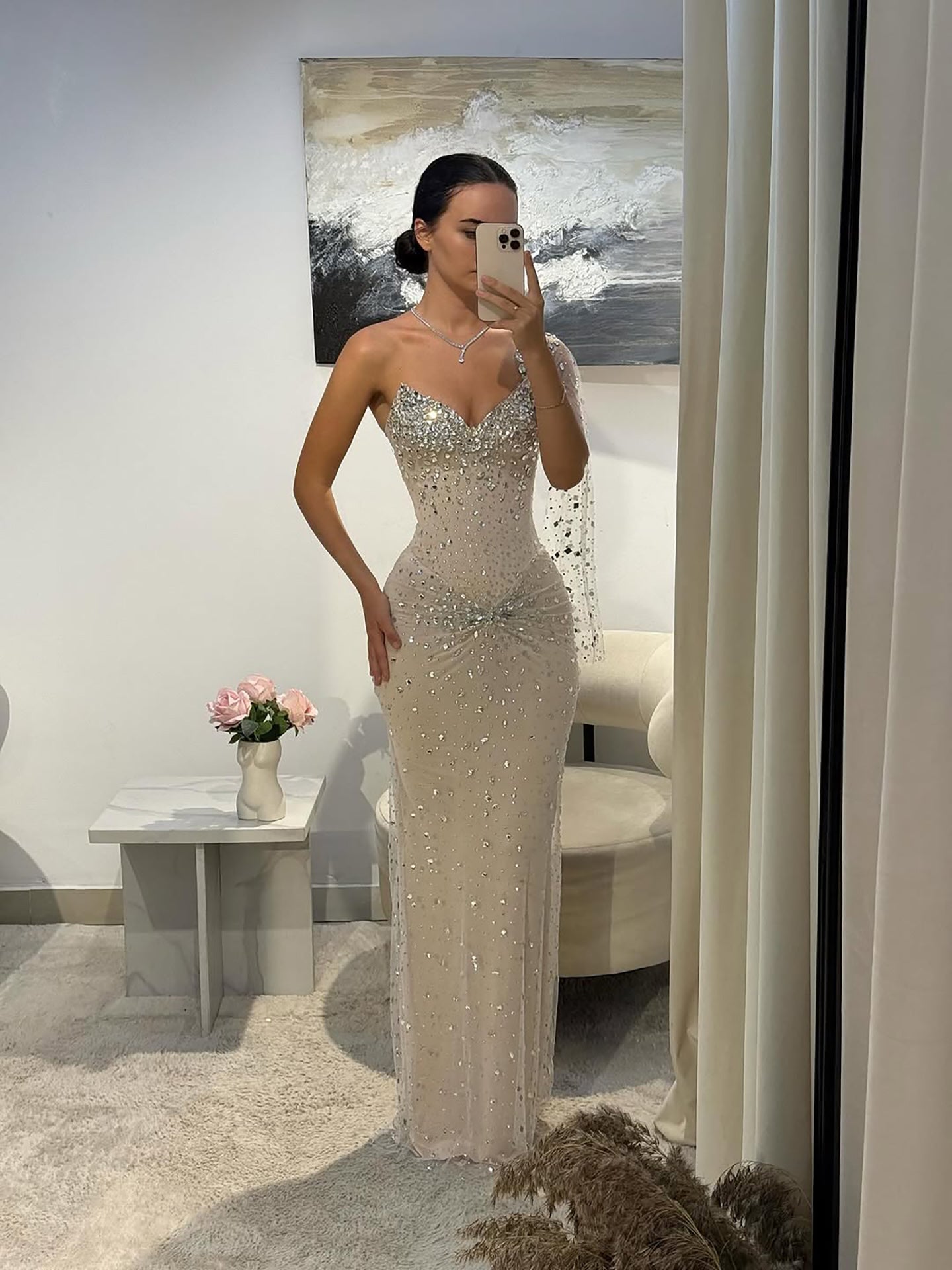 Luxury Sliver Nude Crystal Beaded One Shoulder Mermaid Evening Dress LA73364