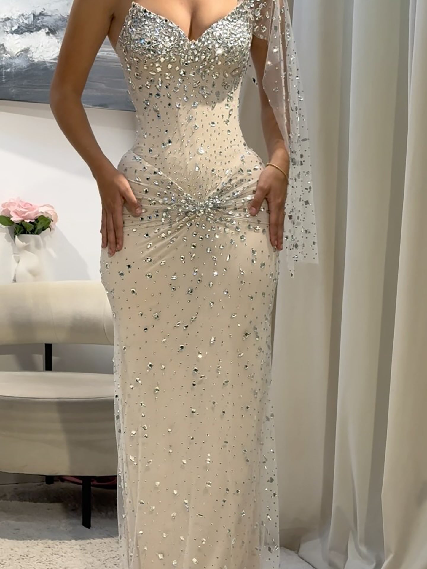 Luxury Sliver Nude Crystal Beaded One Shoulder Mermaid Evening Dress LA73364