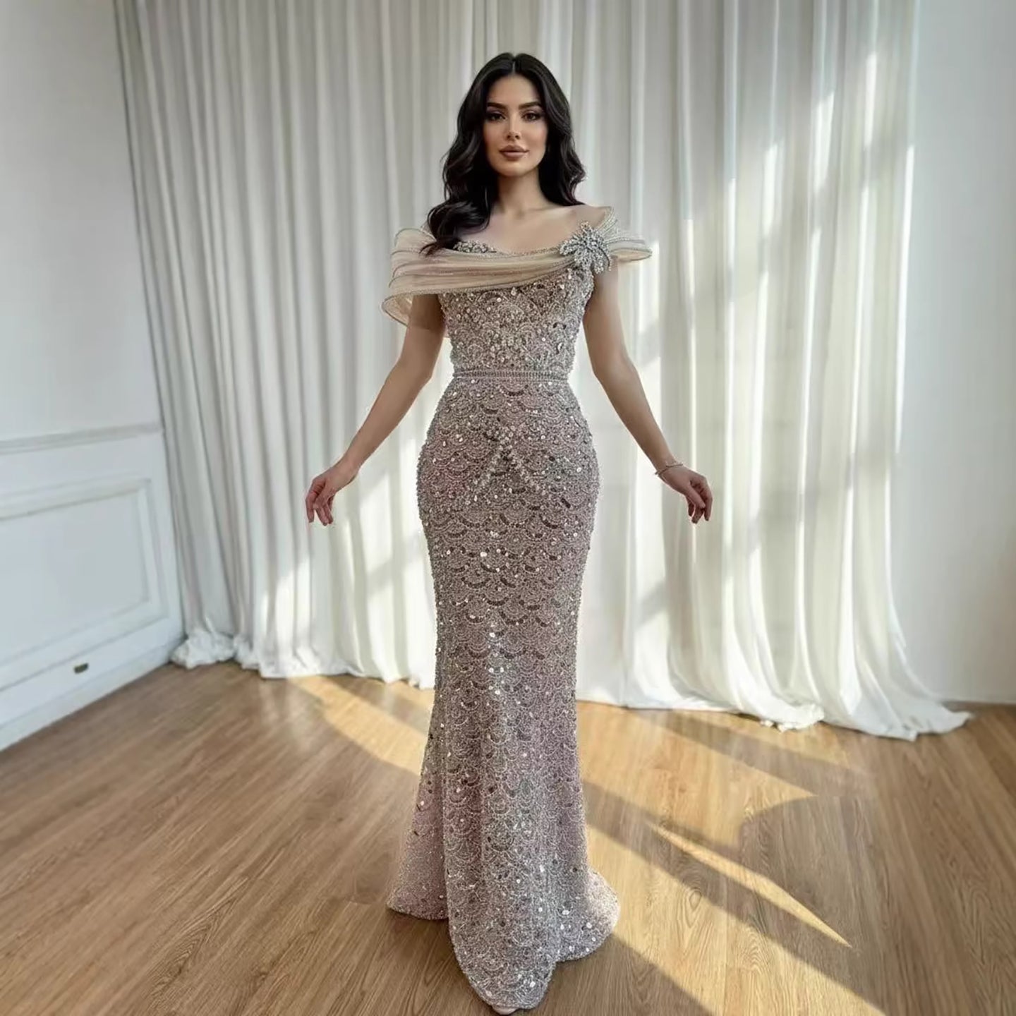 Luxury Nude Beaded Off Shoulder Mermaid Evening Dress LA73365A