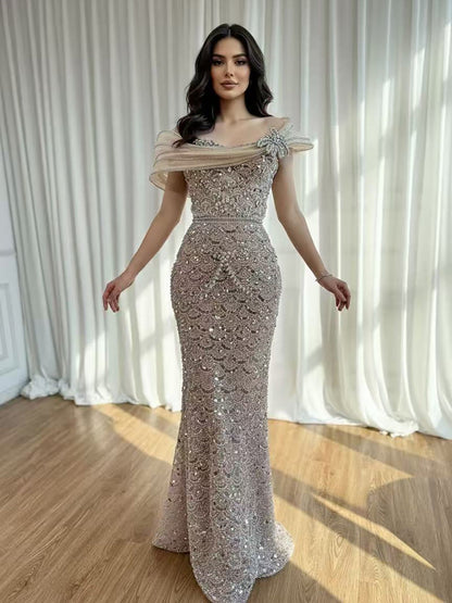Luxury Nude Beaded Off Shoulder Mermaid Evening Dress LA73365A