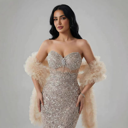 Luxury Arabic Nude  Evening Dress With Cape LA73365B