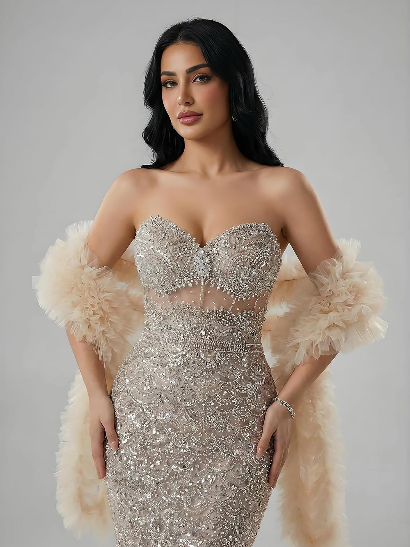 Luxury Arabic Nude  Evening Dress With Cape LA73365B