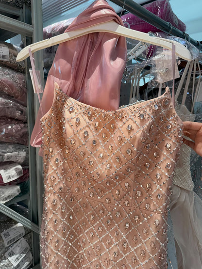Luxury Pink Beaded Mermaid Evening Dress with Cape LA73366