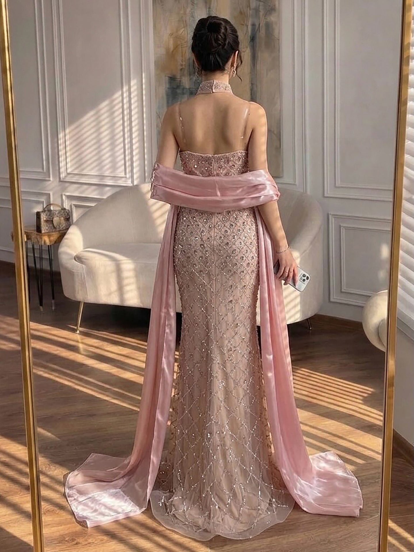 Luxury Pink Beaded Mermaid Evening Dress with Cape LA73366