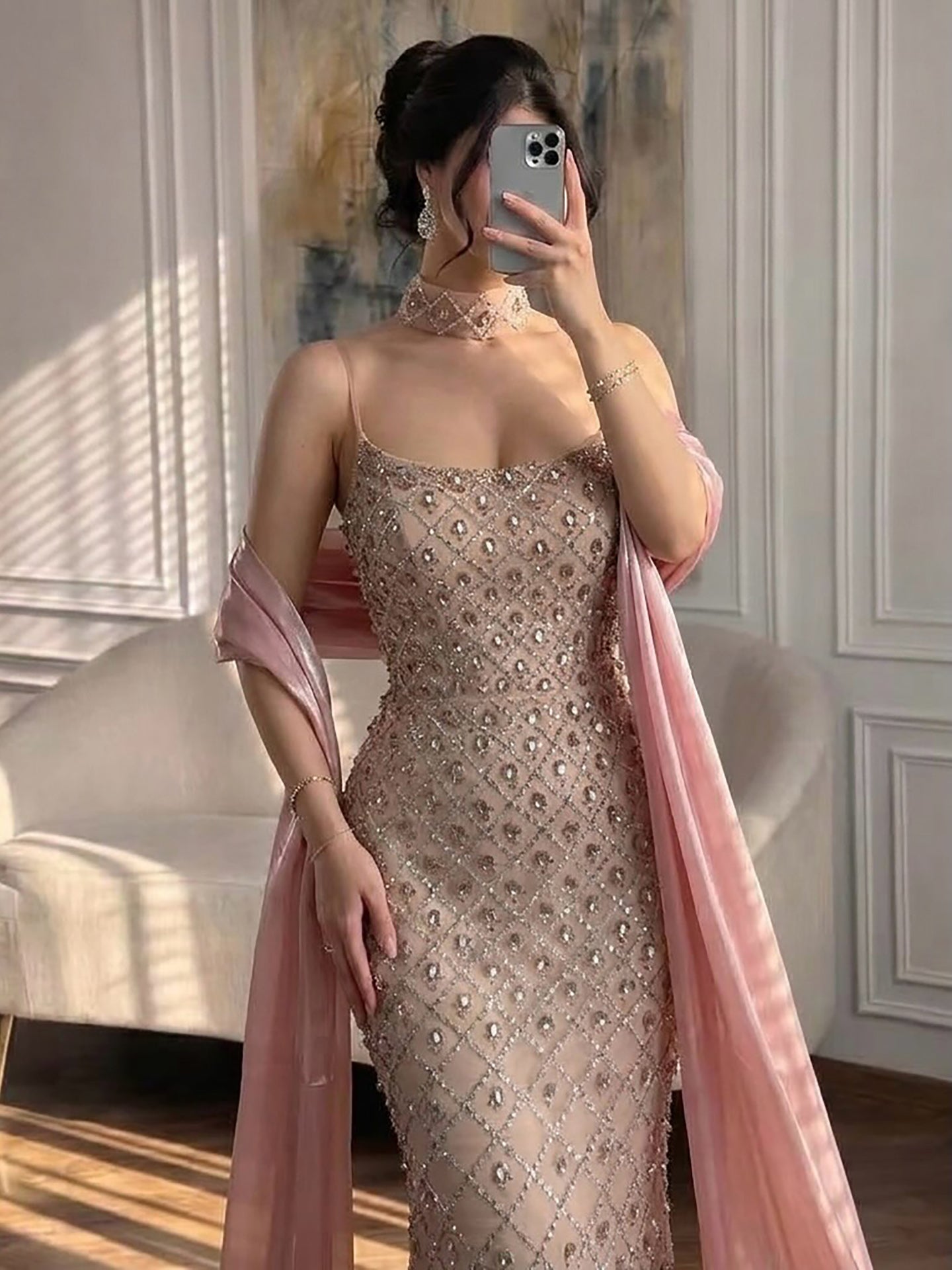 Luxury Pink Beaded Mermaid Evening Dress with Cape LA73366