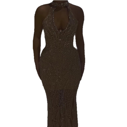 Silver Nude Halter Deep V Crystal Mermaid Evening Dress LA733673
