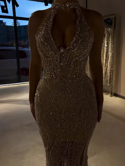 Silver Nude Halter Deep V Crystal Mermaid Evening Dress LA733673